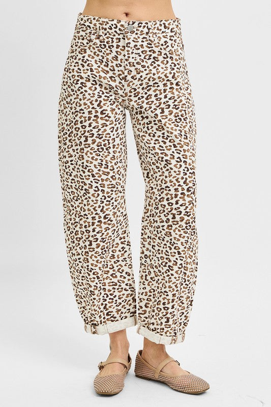 RISEN HIGH RISE CROP BARREL LEOPARD JEANS--CREAM