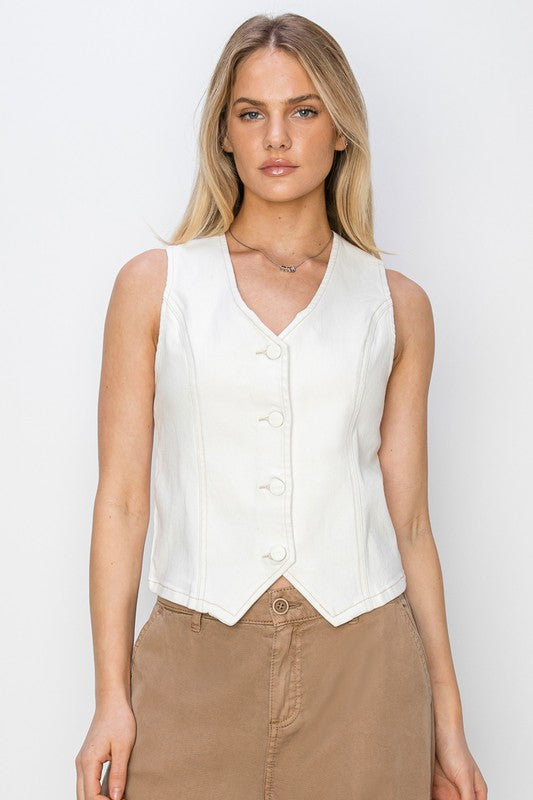 RISEN BUTTON DOWN VEST--CREAM