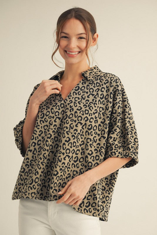 OVERSIZED COLLARED LEOPARD TOP--OATMEAL
