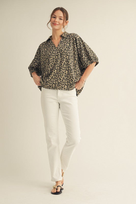 OVERSIZED COLLARED LEOPARD TOP--OATMEAL