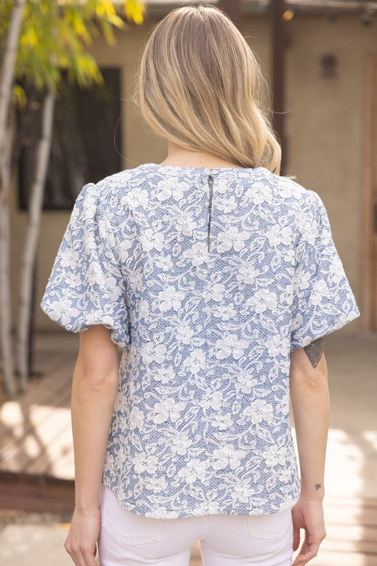 TEXTURED FLORAL BUBBLE SLEEVE TOP--SLATE BLUE