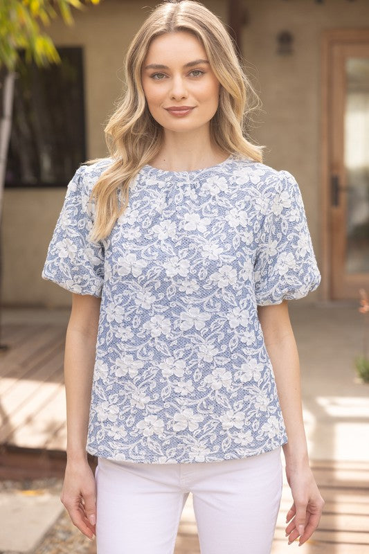 TEXTURED FLORAL BUBBLE SLEEVE TOP--SLATE BLUE