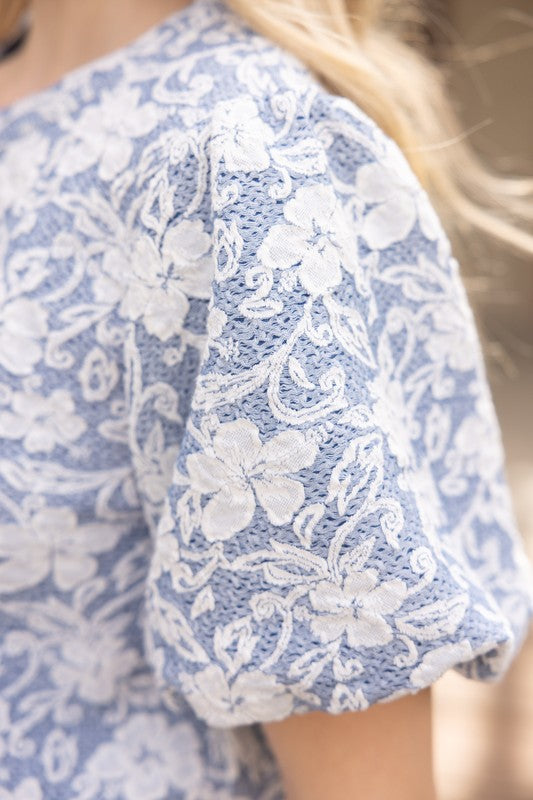 TEXTURED FLORAL BUBBLE SLEEVE TOP--SLATE BLUE
