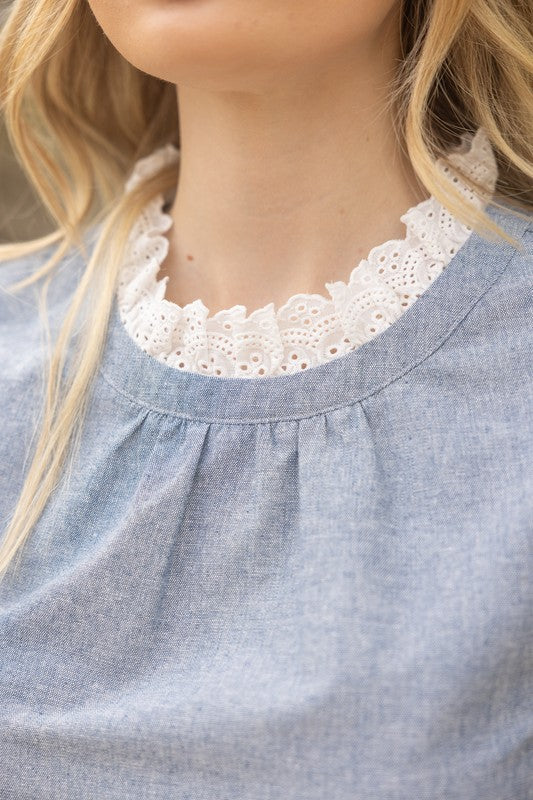 EYELET RUFFLE SLEEVE TOP--SLATE BLUE