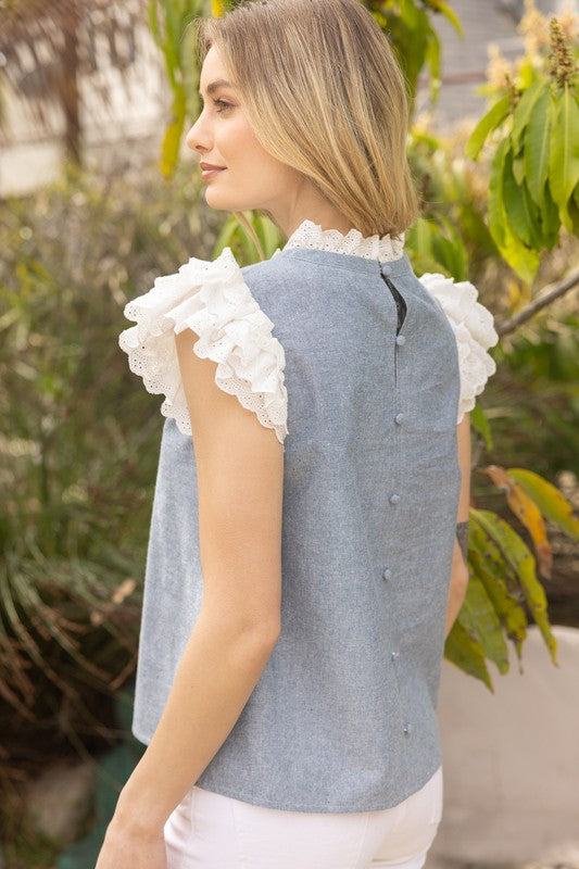 EYELET RUFFLE SLEEVE TOP--SLATE BLUE