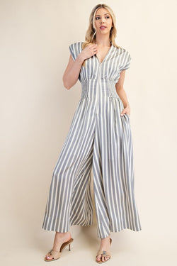 CAP SLEEVE SMOCKED FRONT ZIP JUMPSUIT--BLUE