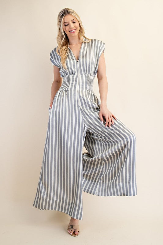 CAP SLEEVE SMOCKED FRONT ZIP JUMPSUIT--BLUE