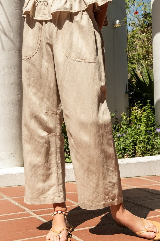 LINEN/TENCEL TOP STITCH PANTS--KHAKI