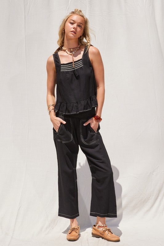 LINEN/TENCEL EMBROIDERY TOP--BLACK