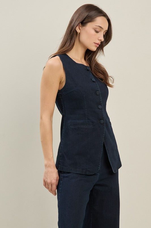 STRETCH DENIM BUTTON DOWN VEST--INDIGO