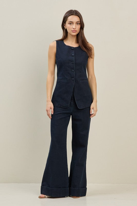 STRETCH DENIM BUTTON DOWN VEST--INDIGO