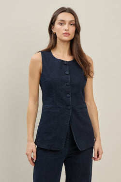 STRETCH DENIM BUTTON DOWN VEST--INDIGO