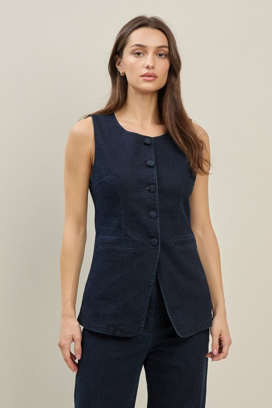 STRETCH DENIM BUTTON DOWN VEST--INDIGO
