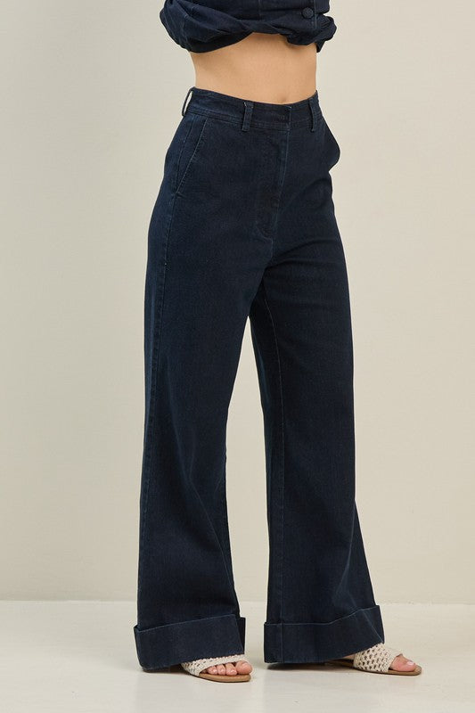 STRETCH DENIM WIDE LEG PANTS--INDIGO