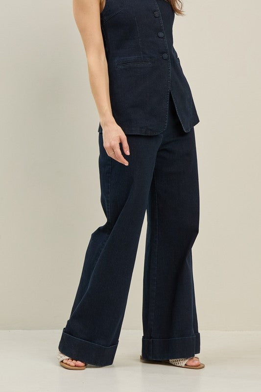 STRETCH DENIM WIDE LEG PANTS--INDIGO