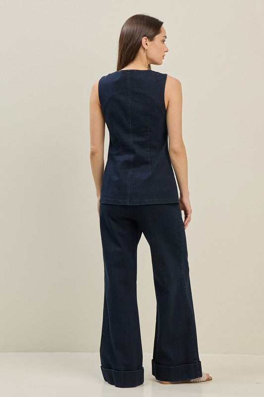 STRETCH DENIM BUTTON DOWN VEST--INDIGO