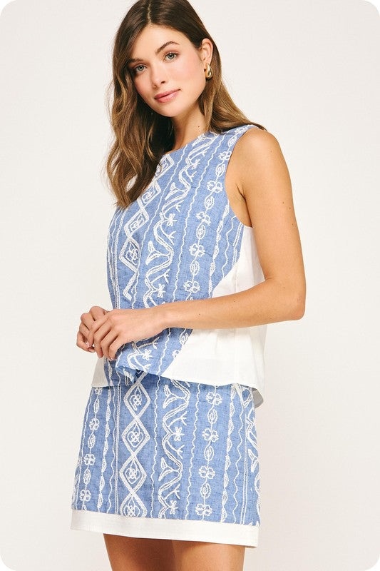 EMBROIDERY CONTRAST TOP--BLUE/WHITE