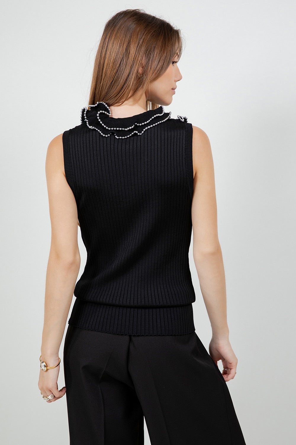 BEADED RUFFLE TRIM KNIT TOP--BLACK