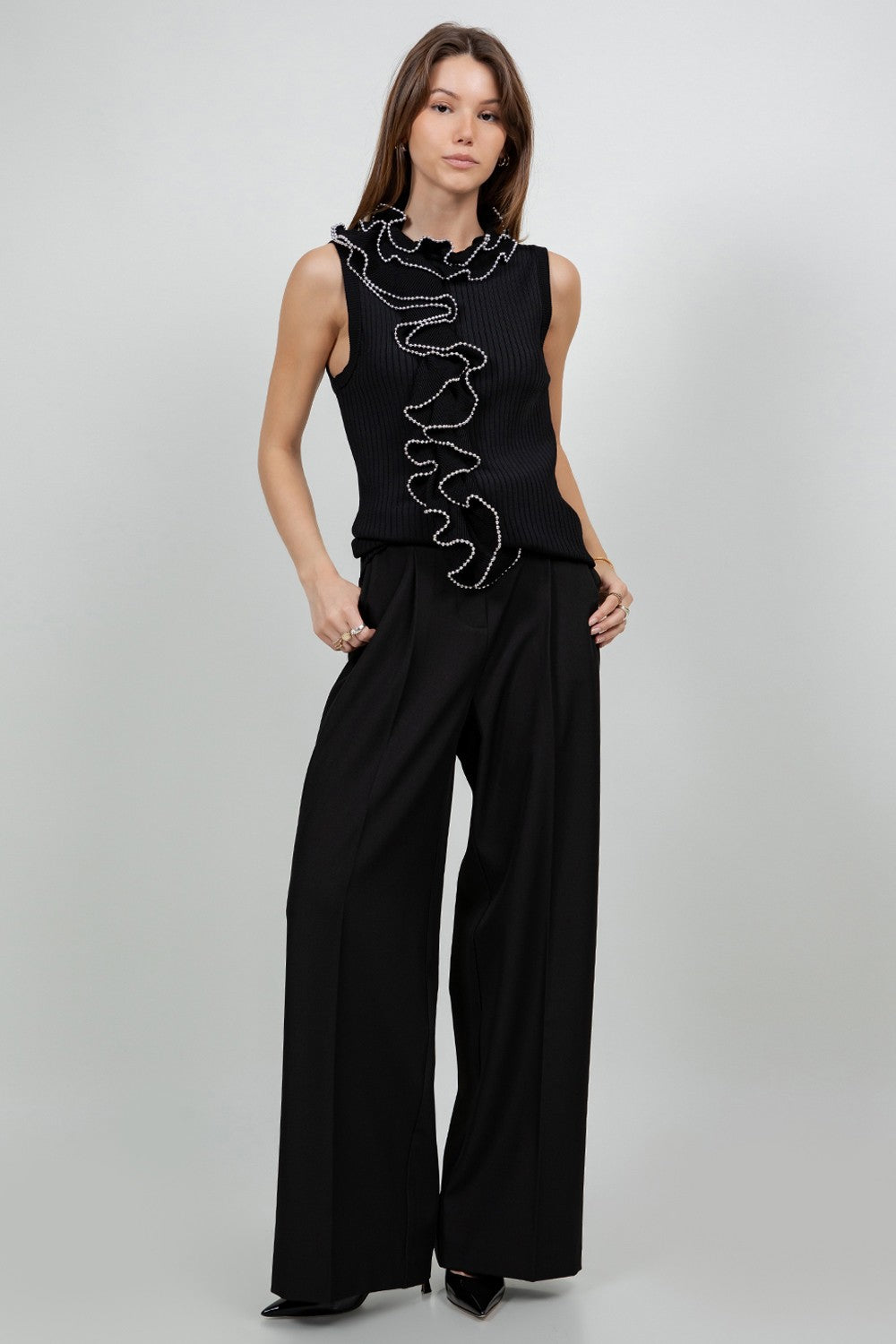 BEADED RUFFLE TRIM KNIT TOP--BLACK