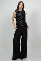 BEADED RUFFLE TRIM KNIT TOP--BLACK