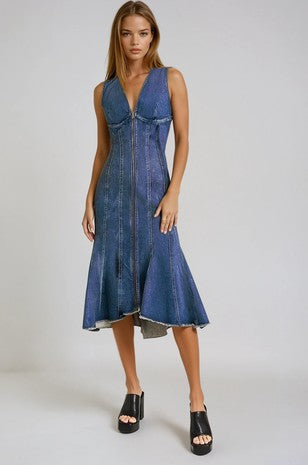 PANELED DENIM ZIP UP MIDI DRESS
