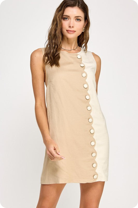 SCALLOP LINEN COLOR BLOCK DRESS--CREAM/SAND