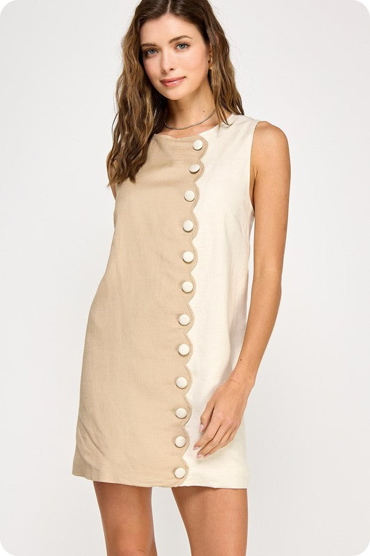 SCALLOP LINEN COLOR BLOCK DRESS--CREAM/SAND