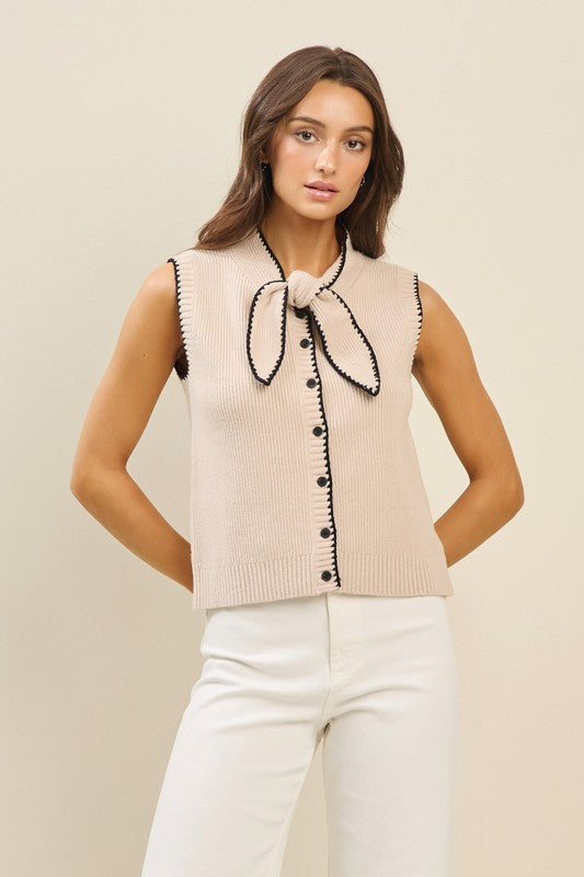 COLOR CONTRAST BOW SWEATER TOP--NATURAL