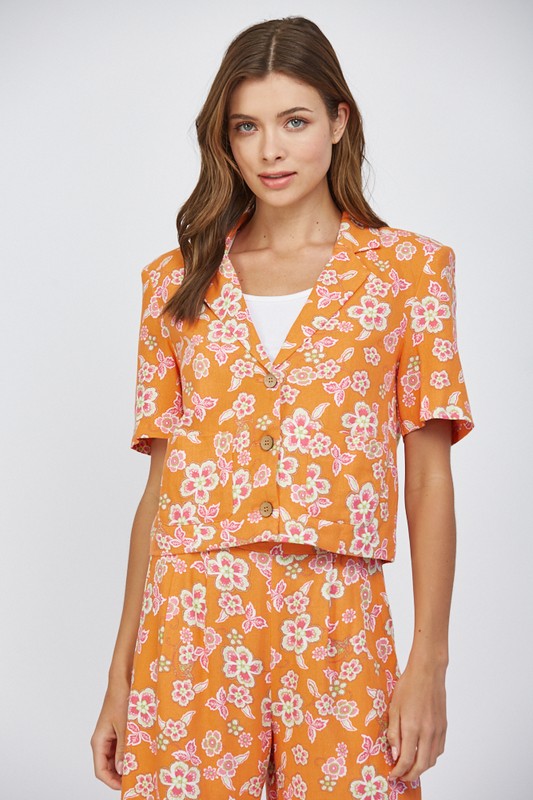 LINEN BLEND FLORAL CROPPED BLAZER--ORANGE MIX