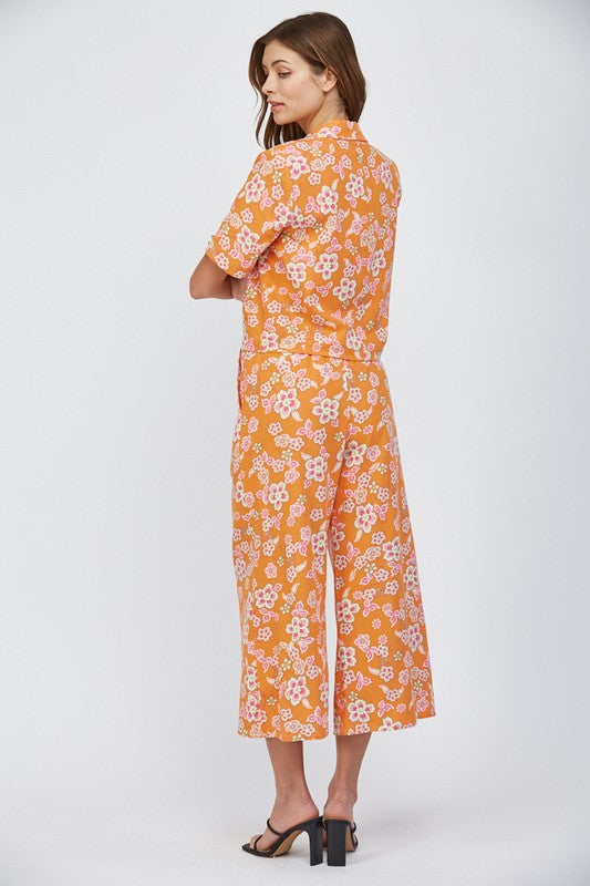 LINEN BLEND FLORAL PANTS--ORANGE MIX