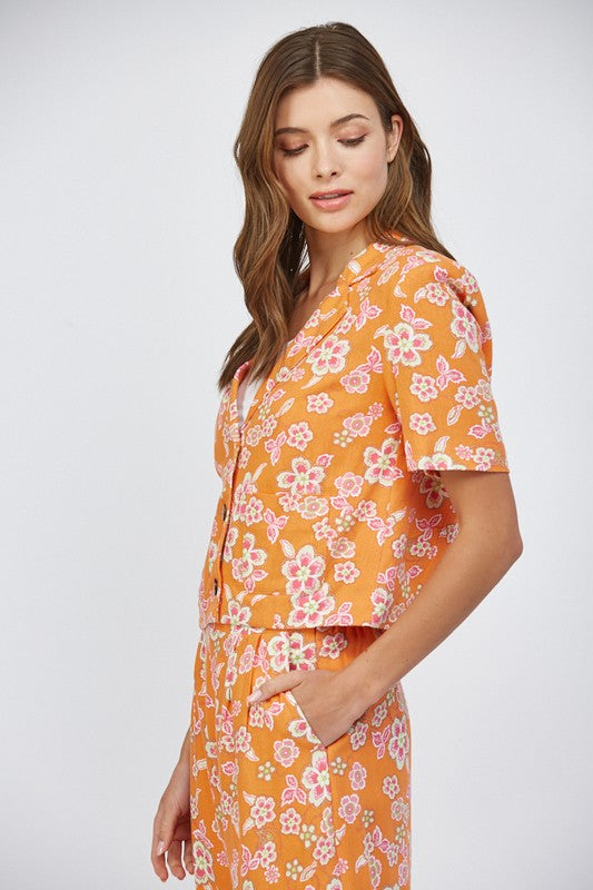 LINEN BLEND FLORAL CROPPED BLAZER--ORANGE MIX