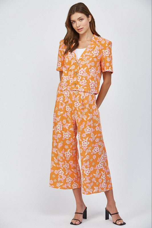 LINEN BLEND FLORAL CROPPED BLAZER--ORANGE MIX