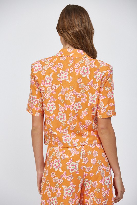 LINEN BLEND FLORAL CROPPED BLAZER--ORANGE MIX