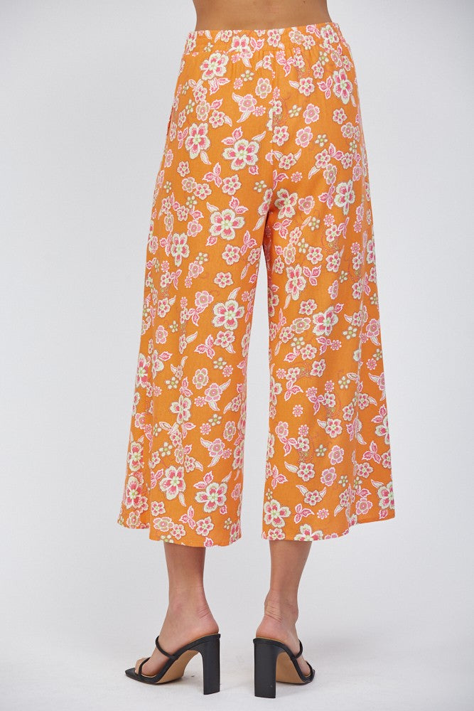 LINEN BLEND FLORAL PANTS--ORANGE MIX