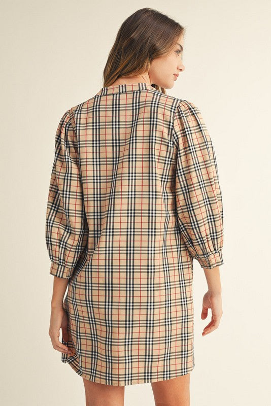 CHECKER/PLAID 3/4 PUFF SLEEVE DRESS--TAUPE