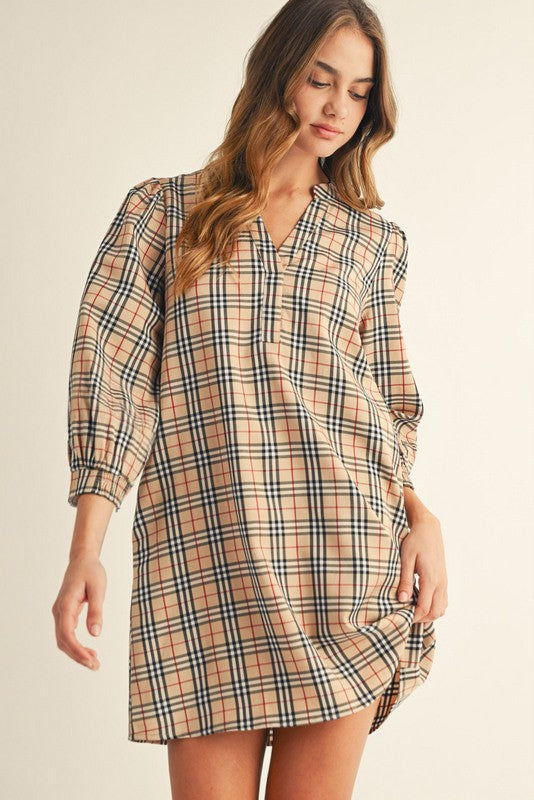 CHECKER/PLAID 3/4 PUFF SLEEVE DRESS--TAUPE