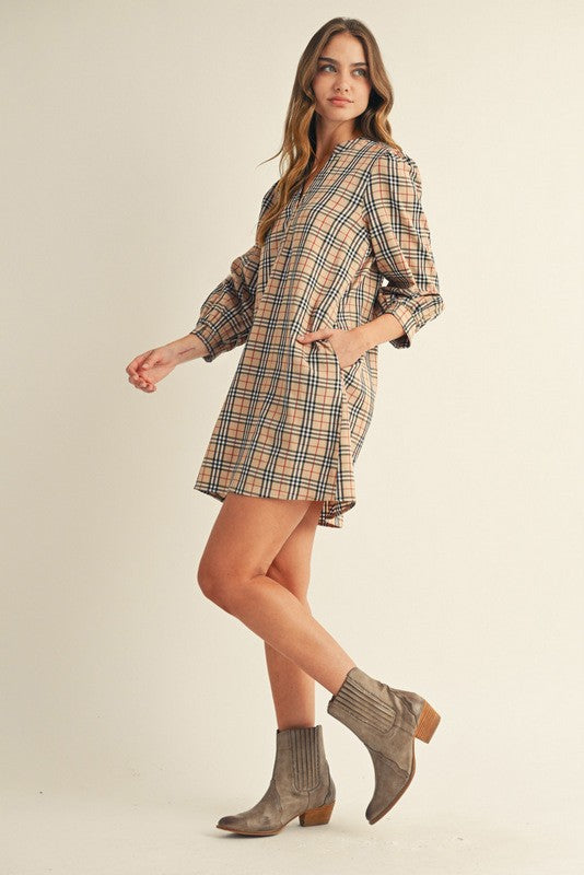 CHECKER/PLAID 3/4 PUFF SLEEVE DRESS--TAUPE