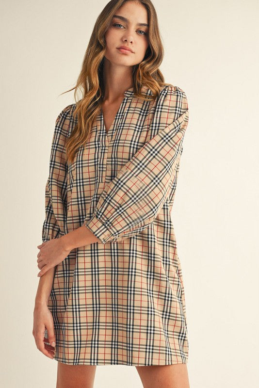 CHECKER/PLAID 3/4 PUFF SLEEVE DRESS--TAUPE