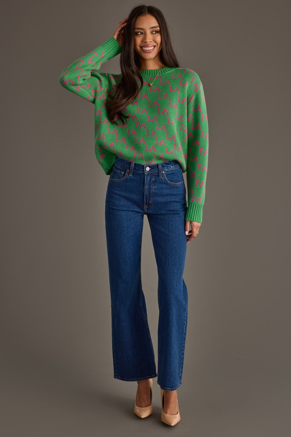 FA LA LA SWEATER--GREEN & PINK