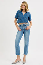 RISEN SHORT SLEVE VNECK DENIM SHIRT--MEDIUM WASH