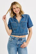 RISEN SHORT SLEVE VNECK DENIM SHIRT--MEDIUM WASH