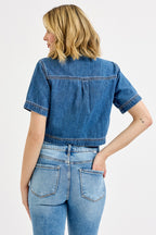 RISEN SHORT SLEVE VNECK DENIM SHIRT--MEDIUM WASH