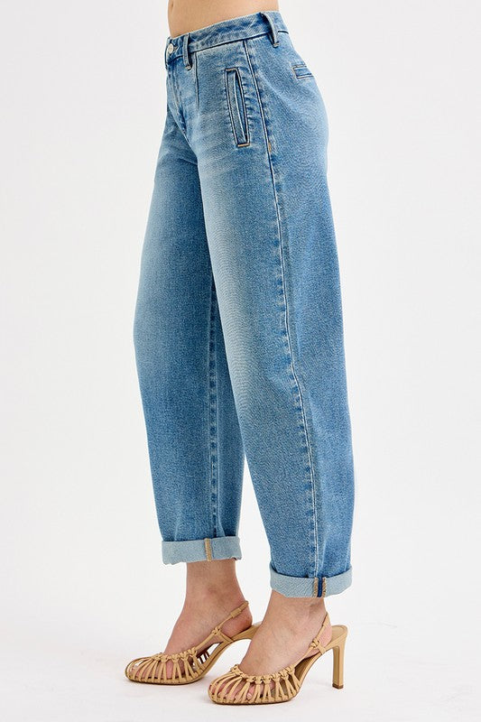 RISE--MID RISE BARREL ROLL UP JEANS