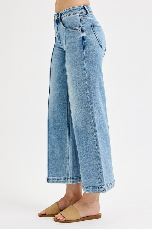 RISEN MID RISE CROP WIDE LEG WITH FRONT & BACK PINTUCK DETAILS--LIGHT