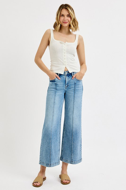 RISEN MID RISE CROP WIDE LEG WITH FRONT & BACK PINTUCK DETAILS--LIGHT