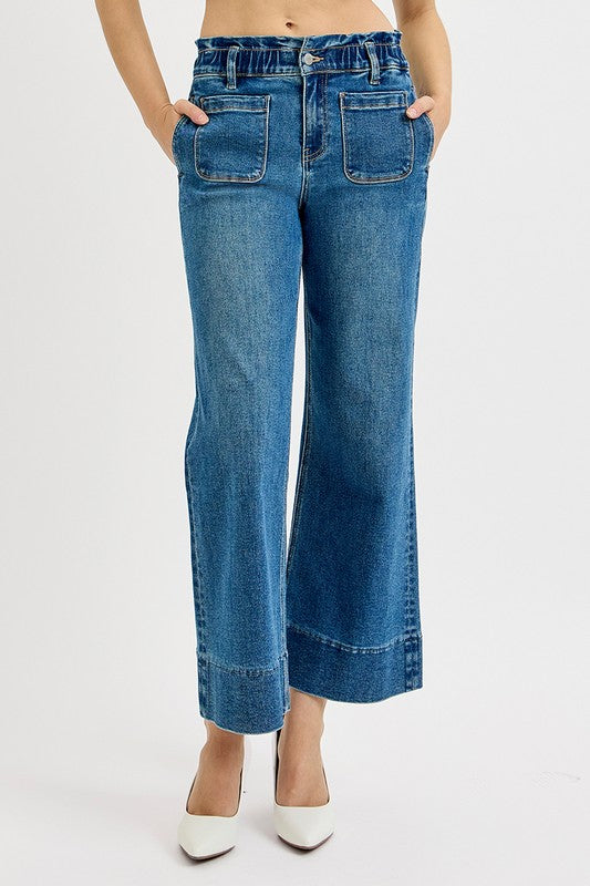 RISEN--SUPER STRETCHY ELASTIC HIGH RISE CROP WIDE LEG--MEDIUM WASH
