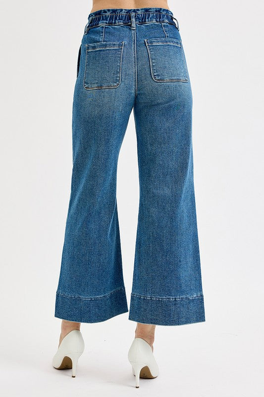 RISEN--SUPER STRETCHY ELASTIC HIGH RISE CROP WIDE LEG--MEDIUM WASH