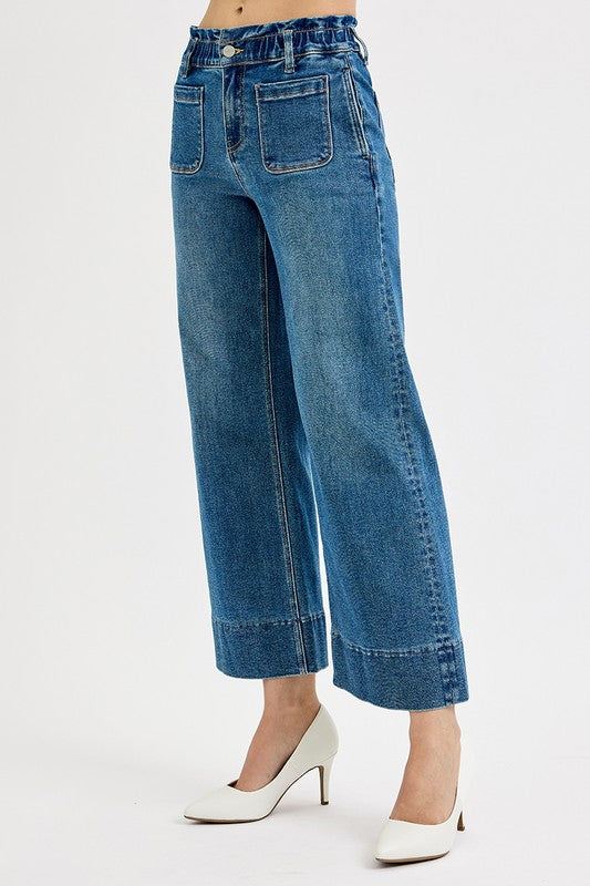 RISEN--SUPER STRETCHY ELASTIC HIGH RISE CROP WIDE LEG--MEDIUM WASH