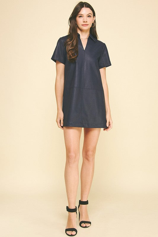 FAUX LEATHER SHORT SLEEVE TUNIC DRESS--NAVY