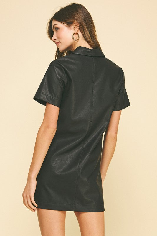 FAUX LEATHER SHORT SLEEVE DRESS--BLACK